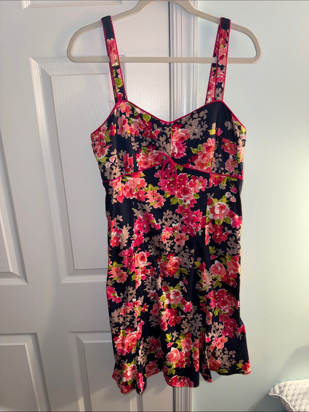 Floral Spaghetti-Strap Mini Dress in Black and Pink